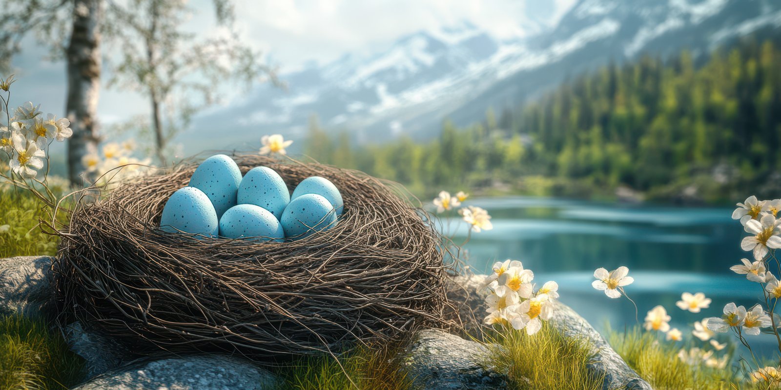 Blue eggs in a nest by a serene lake surrounded by mountains and flowers during a sunny day